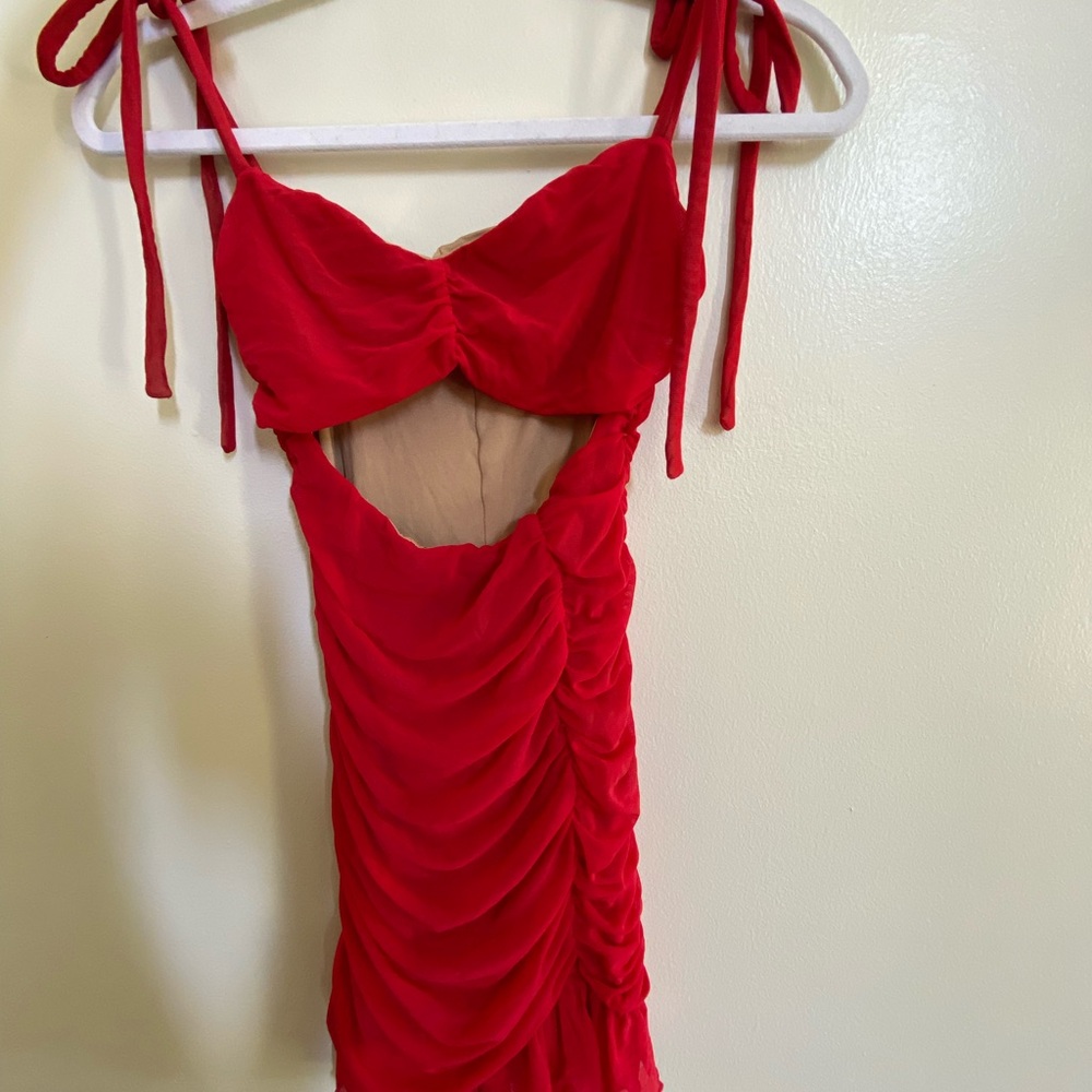 Red Ruched Dress with Tie Straps